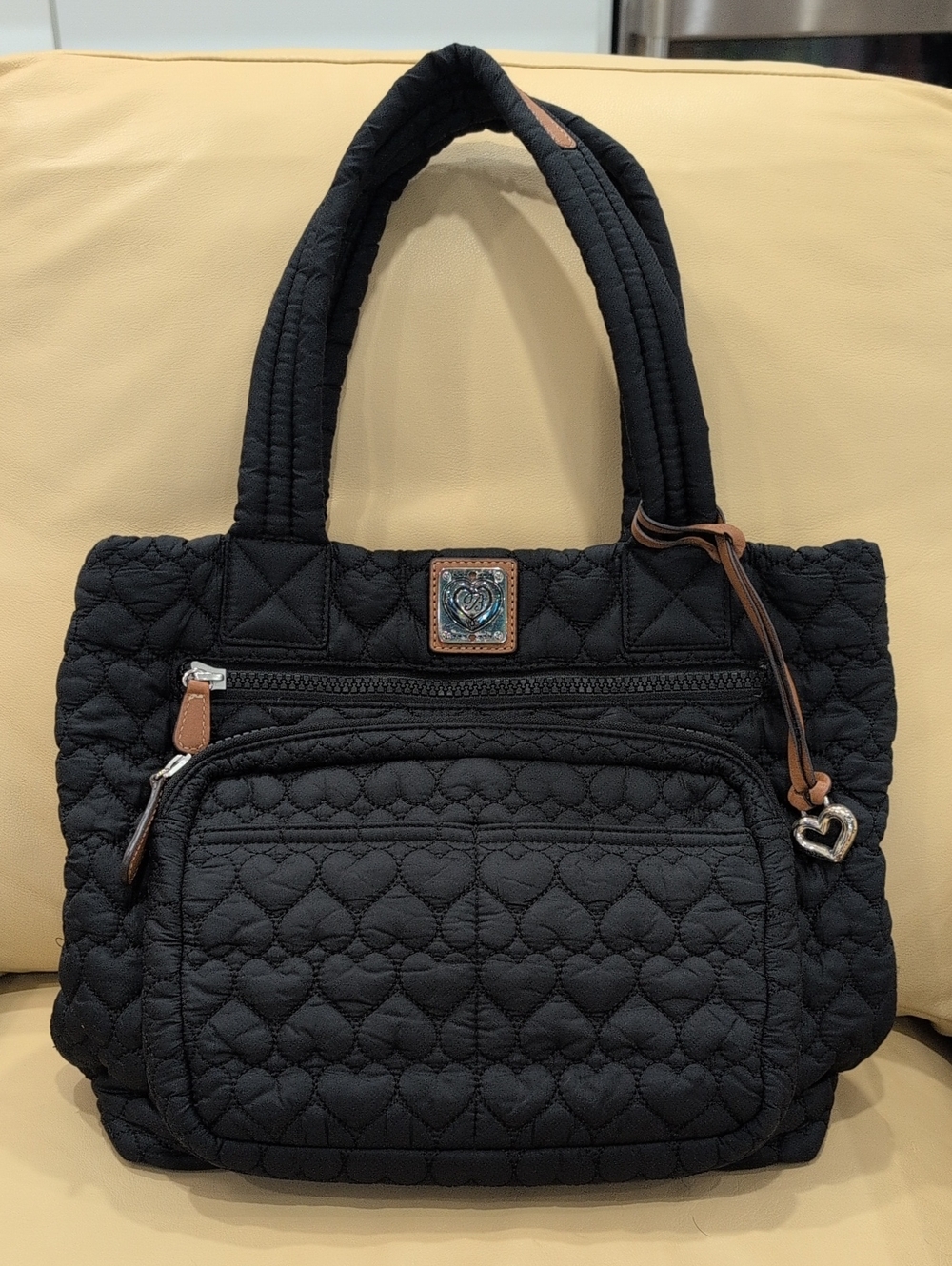 Brighton quilted Black Tote Bag with Heart Accent